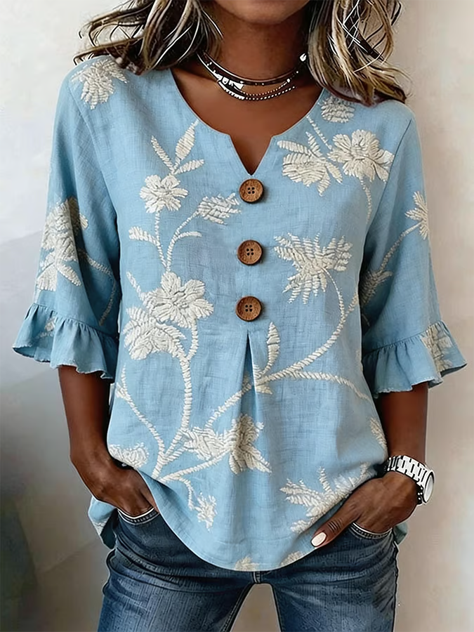 New Arrivals🔥 Women'S Casual Vintage Flower Art Print Printed Linen Cotton Shirt