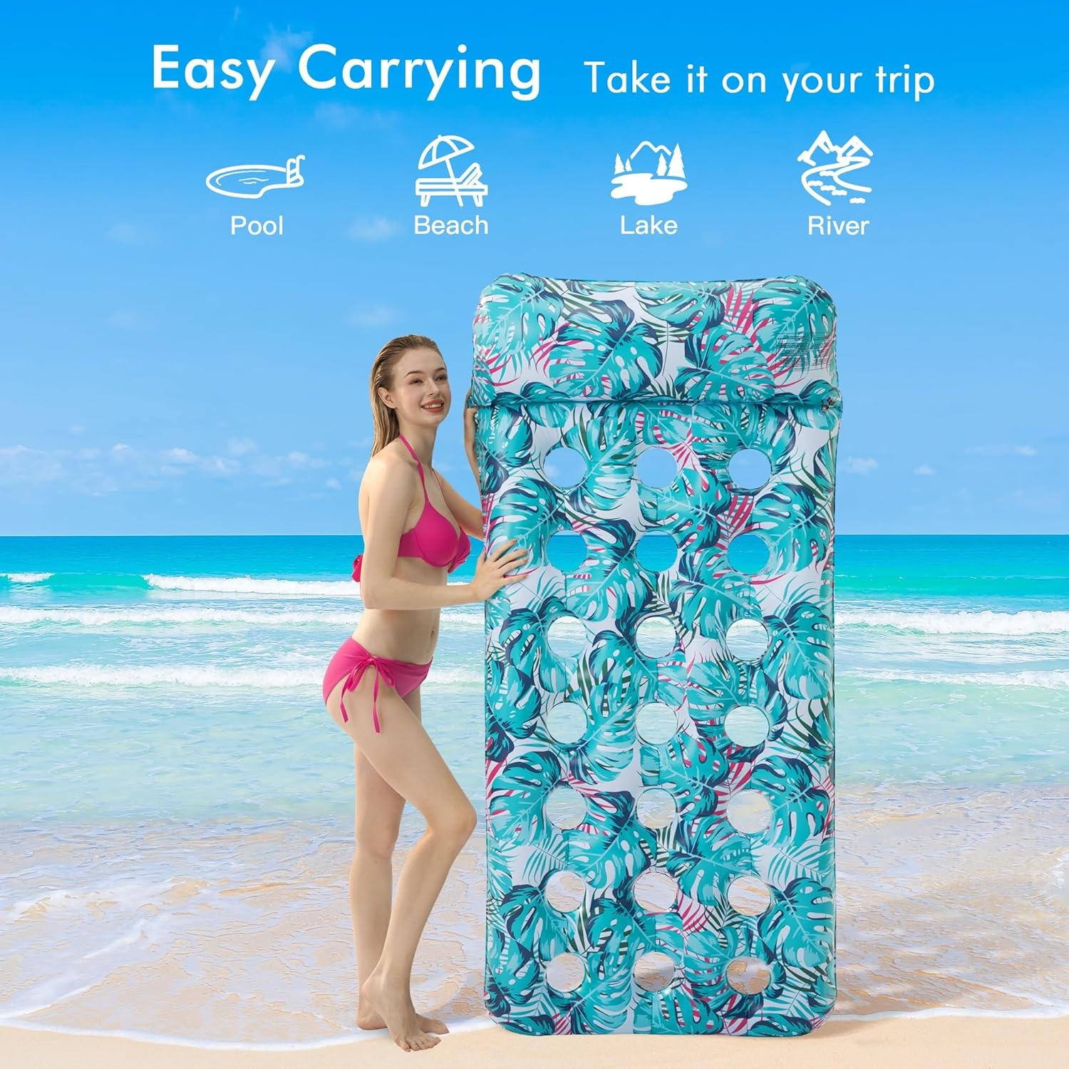 Inflatable Pool Float Mat, Giant Pool Floats Adult Size with Headrest, Lake Float Raft Water Lounger, Multi-Purpose Swimming Pool Floats for Pool Party, Summertime Beach, Outdoor