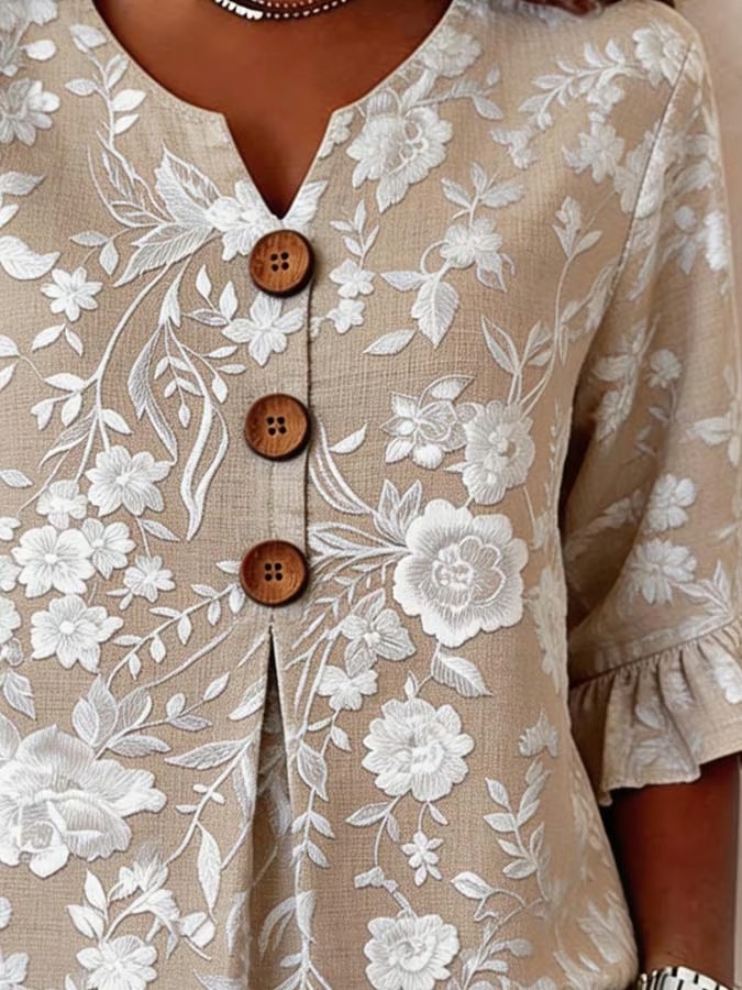 New Arrivals🔥 Women'S Casual Vintage Flower Art Print Printed Linen Cotton Shirt