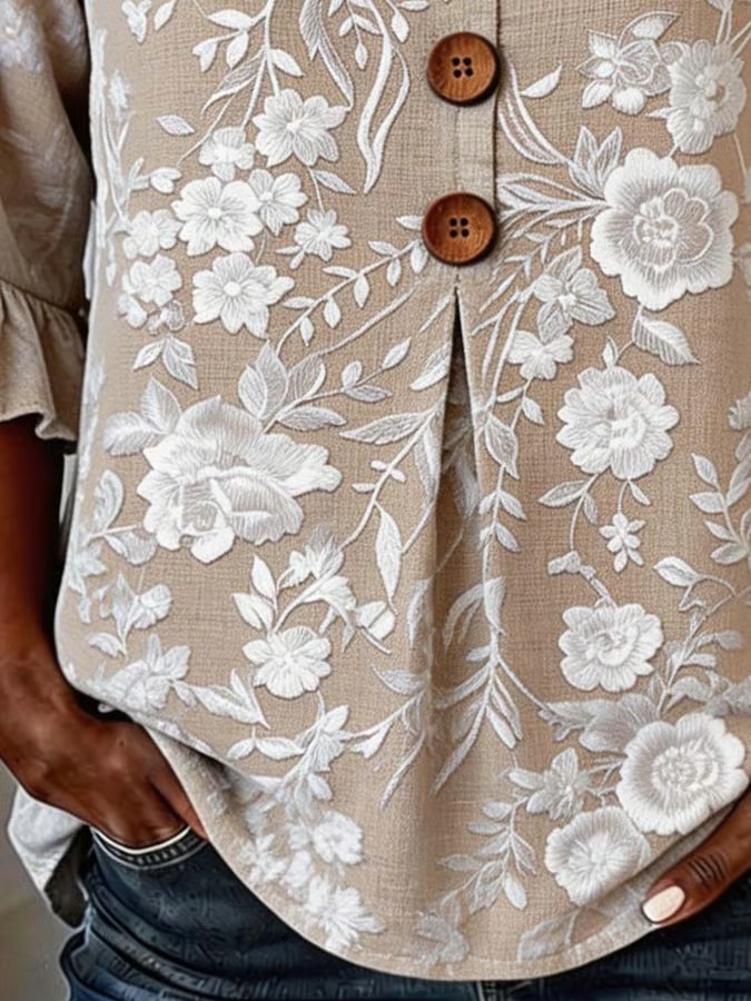 New Arrivals🔥 Women'S Casual Vintage Flower Art Print Printed Linen Cotton Shirt