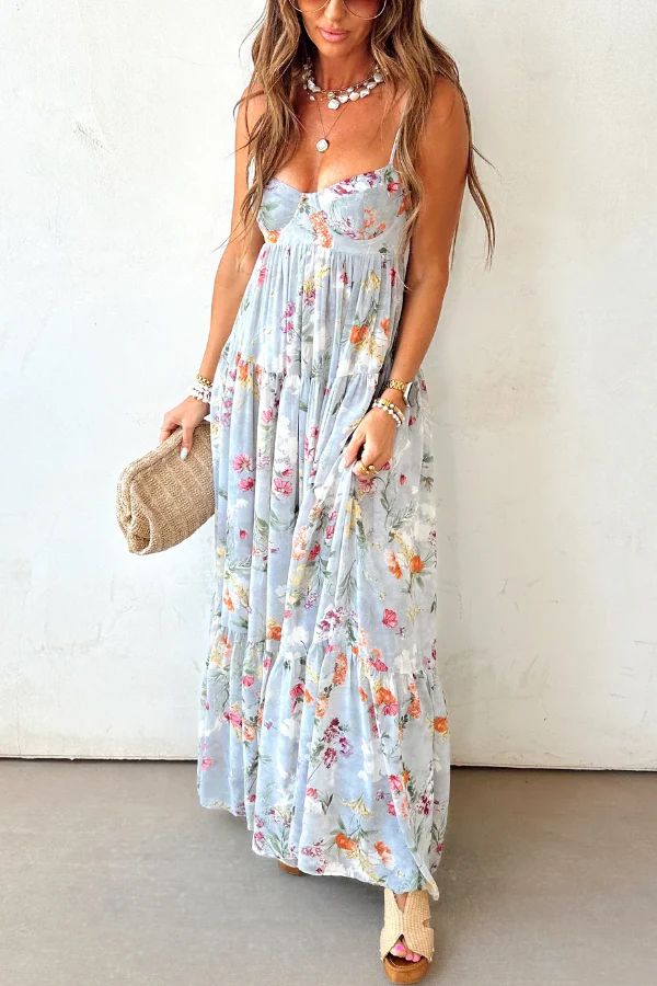 Bohemian Floral Print Chiffon Backless Wide Hem Loose Maxi Dress