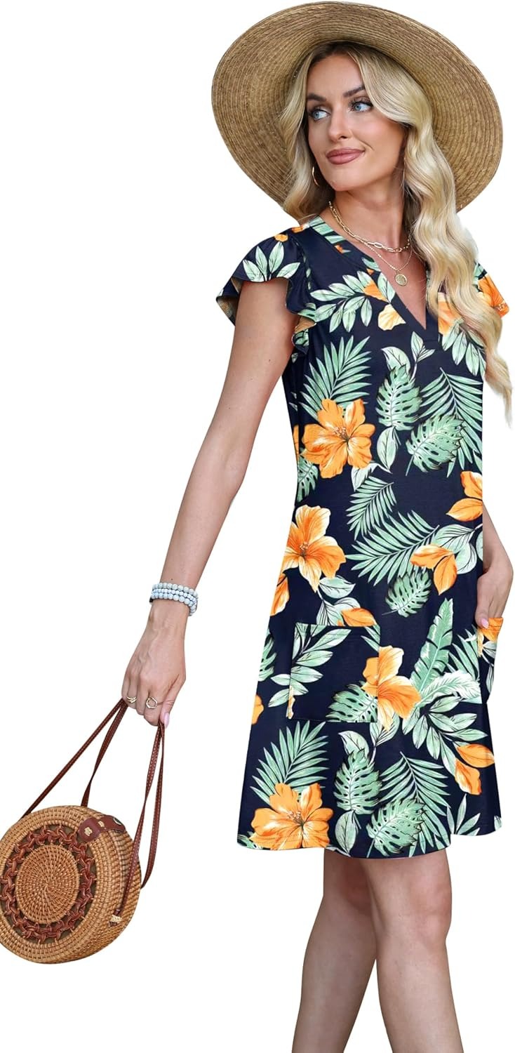 Women's Spring Summer Casual Dress - Ruffle Sleeve V Neck Loose Swing Sundress with Pockets