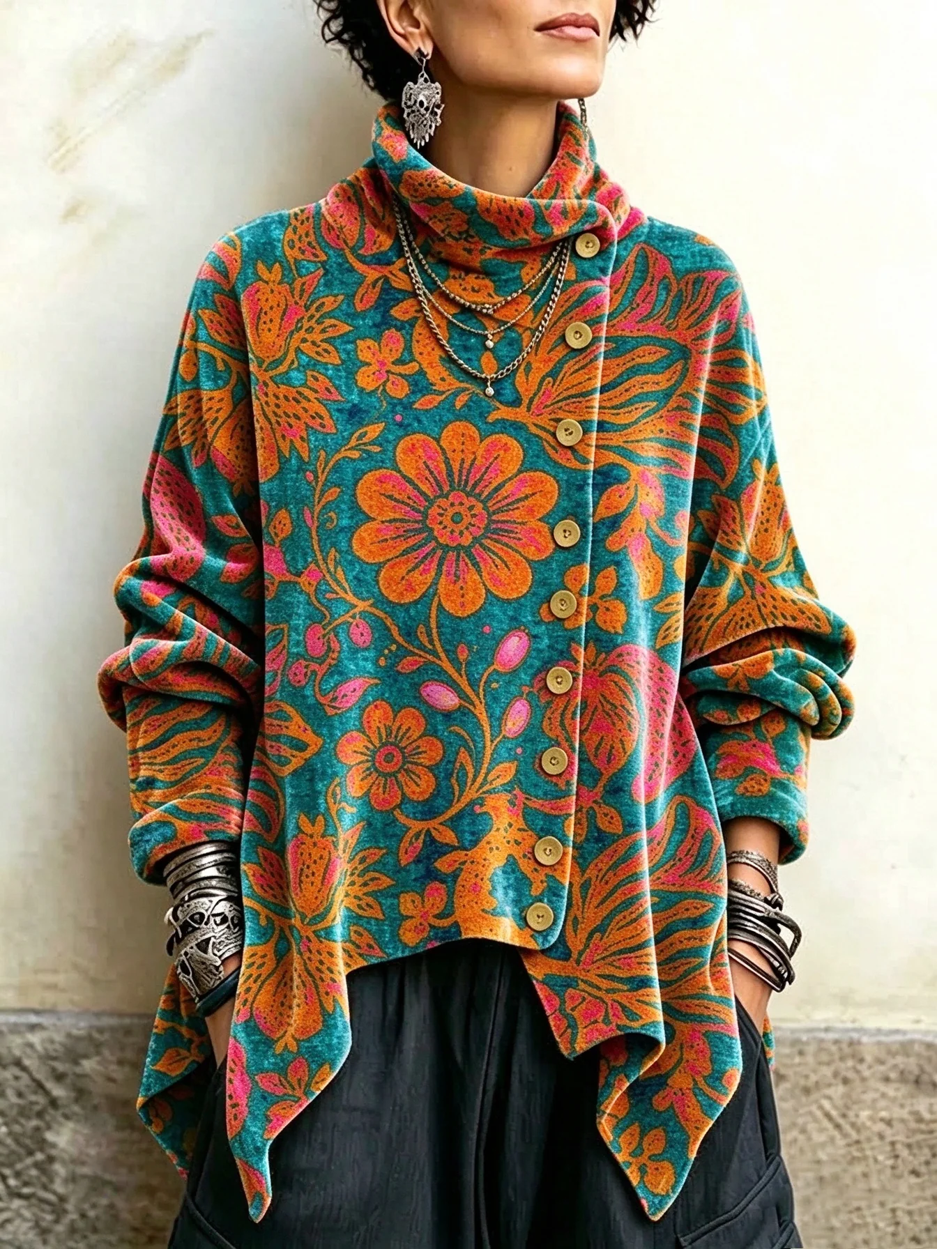 Forest Green Botanical Crushed Velvet Asymmetric Button Tunic with Funnel Neck
