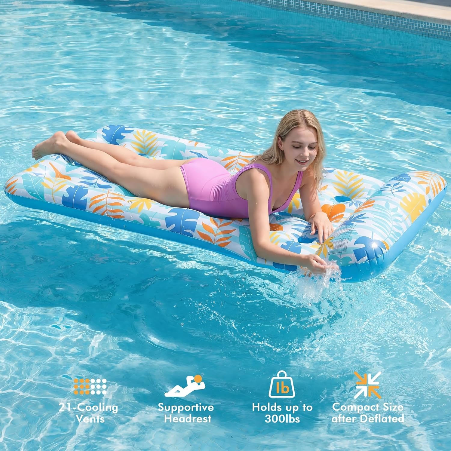 Inflatable Pool Float Mat, Giant Pool Floats Adult Size with Headrest, Lake Float Raft Water Lounger, Multi-Purpose Swimming Pool Floats for Pool Party, Summertime Beach, Outdoor