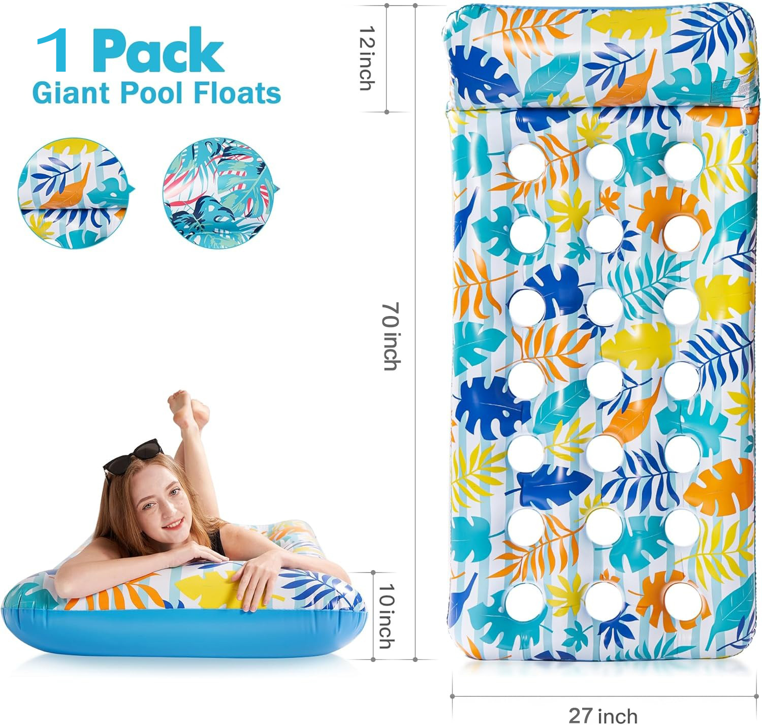 Inflatable Pool Float Mat, Giant Pool Floats Adult Size with Headrest, Lake Float Raft Water Lounger, Multi-Purpose Swimming Pool Floats for Pool Party, Summertime Beach, Outdoor