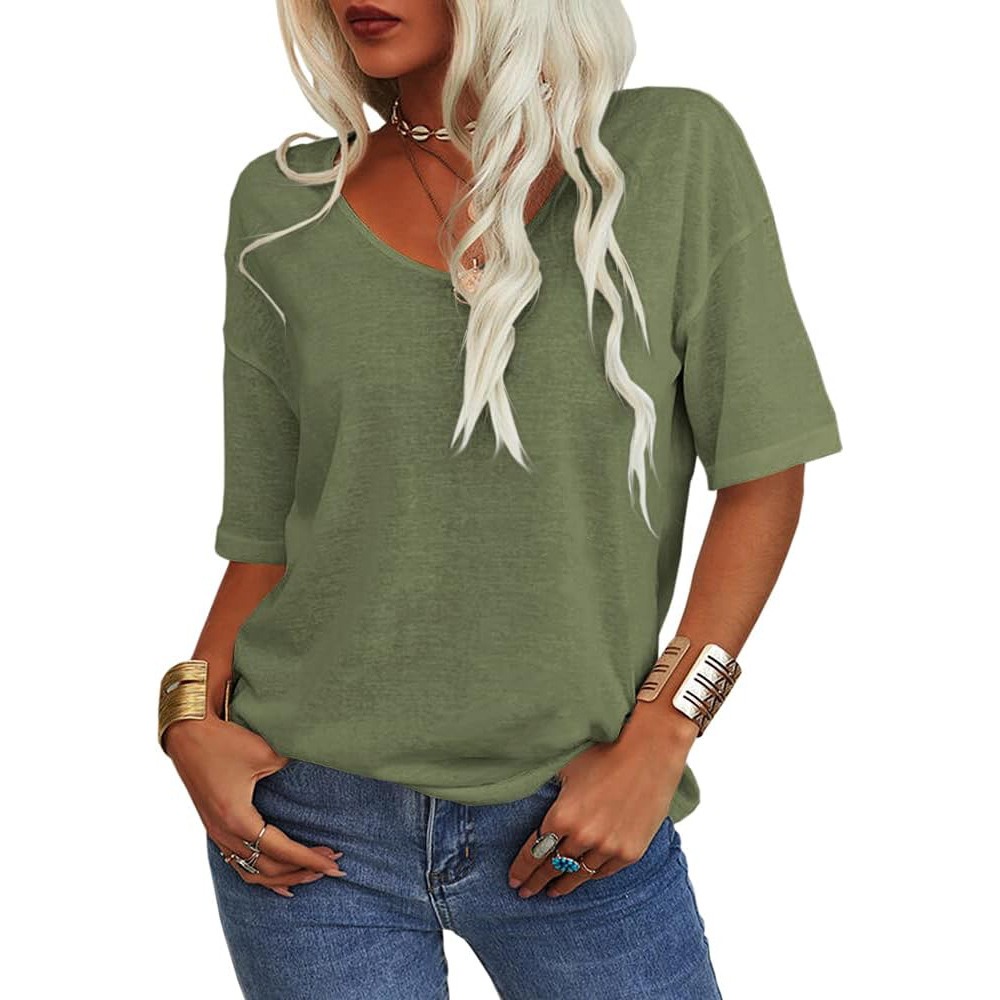 Summer Tops for Women Solid Color V-Neck Half Sleeve Blouses Casual Loose Fit shirts