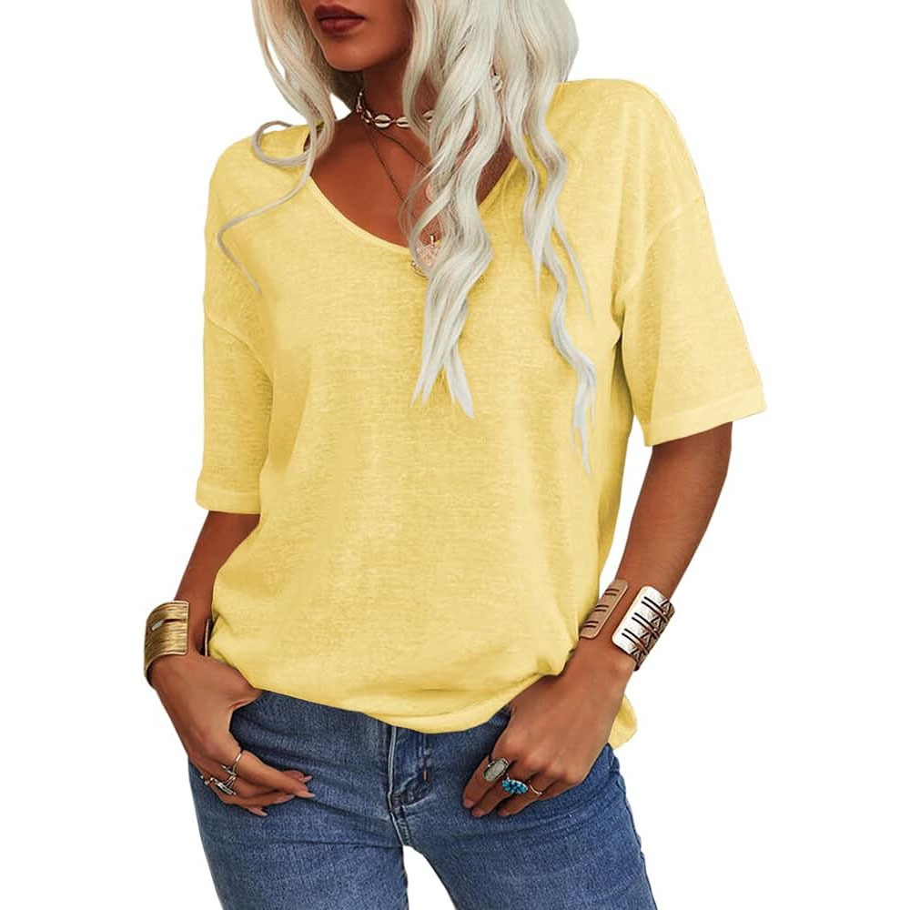 Summer Tops for Women Solid Color V-Neck Half Sleeve Blouses Casual Loose Fit shirts