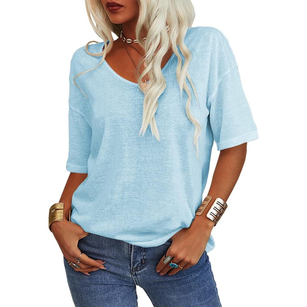 Summer Tops for Women Solid Color V-Neck Half Sleeve Blouses Casual Loose Fit shirts