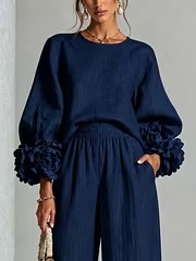 Women 3D Floral Cuff Linen Two‑Piece Outfit, Long Sleeve Blouse & Elastic Waist Wide Leg Pants Set