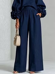Women 3D Floral Cuff Linen Two‑Piece Outfit, Long Sleeve Blouse & Elastic Waist Wide Leg Pants Set