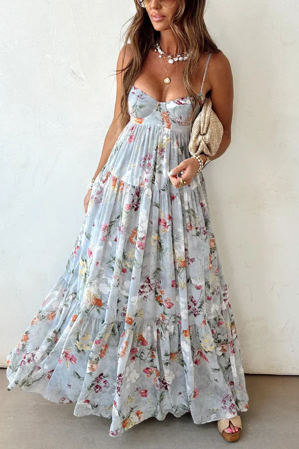 Bohemian Floral Print Chiffon Backless Wide Hem Loose Maxi Dress