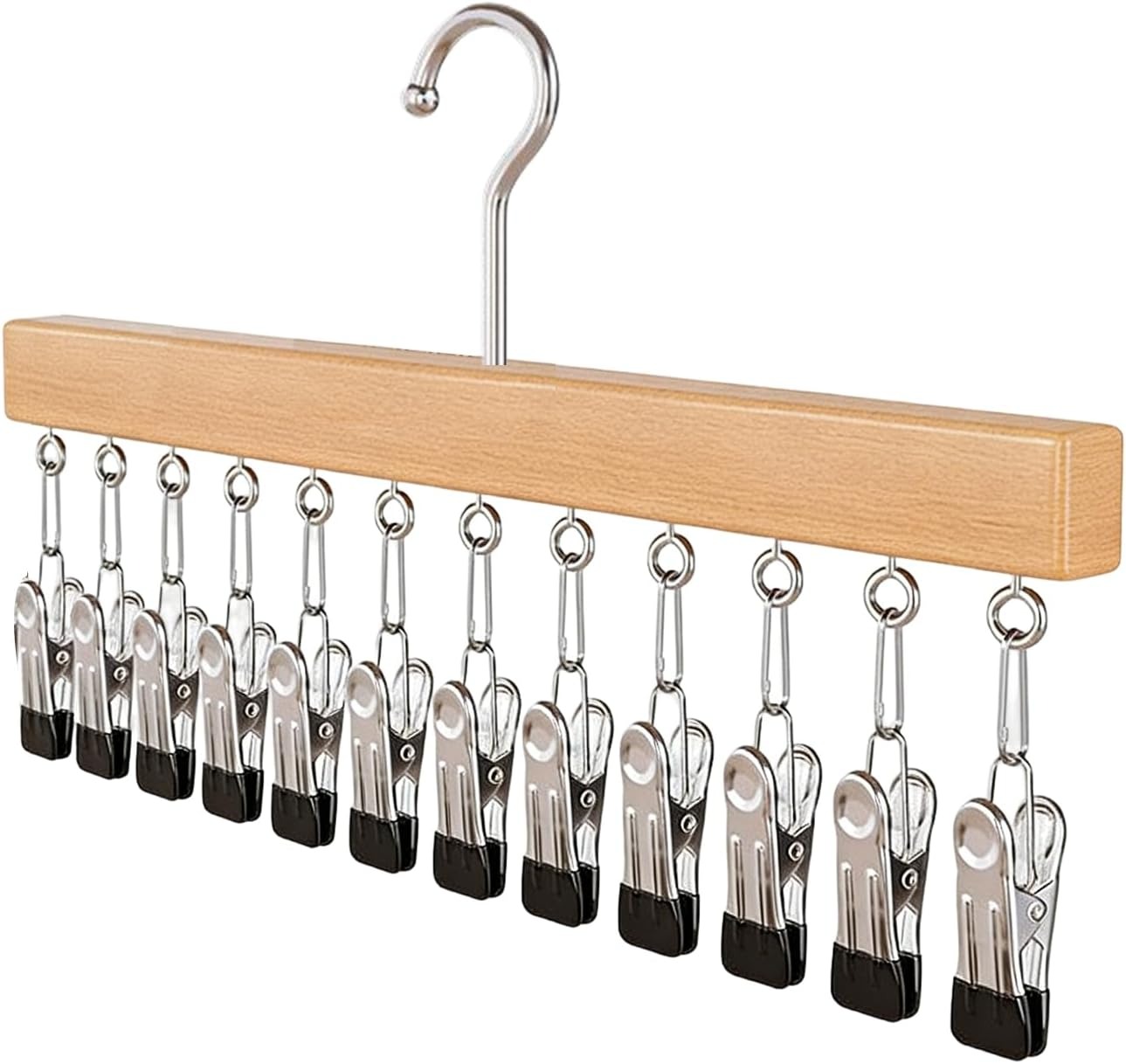 Pure Wood Rotating Closet Organizer - Vertical Space Saver , Closet Organizer with 12 Clips