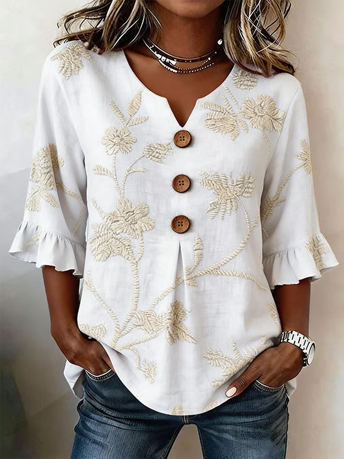 New Arrivals🔥 Women'S Casual Vintage Flower Art Print Printed Linen Cotton Shirt