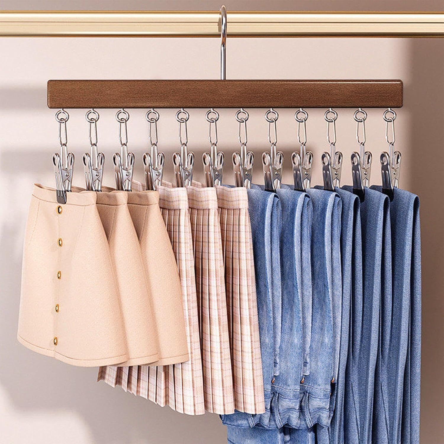 Pure Wood Rotating Closet Organizer - Vertical Space Saver , Closet Organizer with 12 Clips