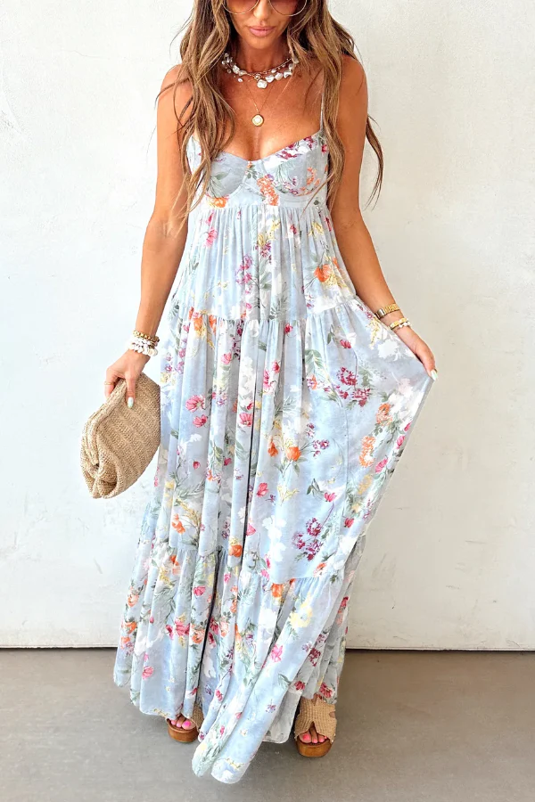 Bohemian Floral Print Chiffon Backless Wide Hem Loose Maxi Dress