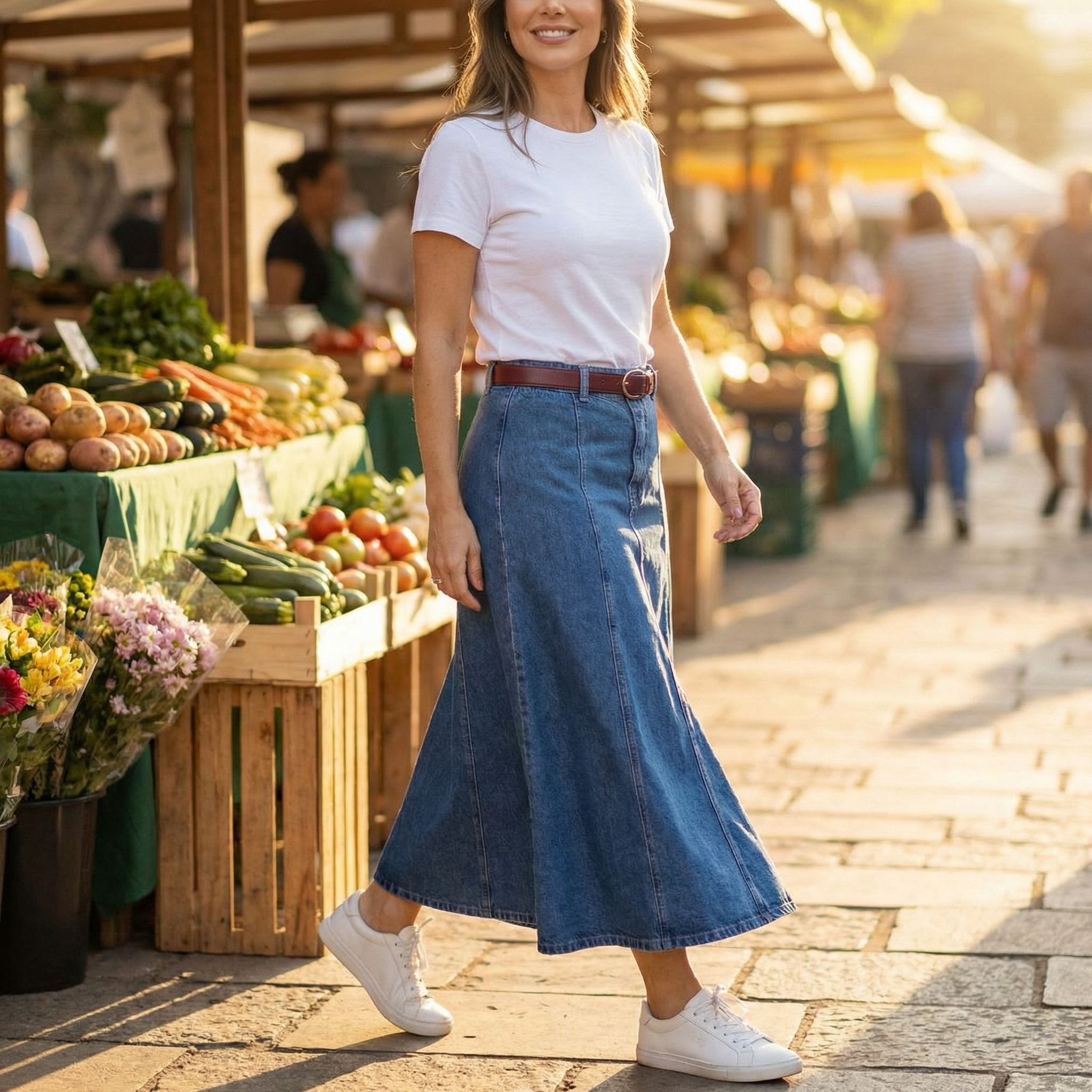Flattering High Waist Denim Maxi Skirt