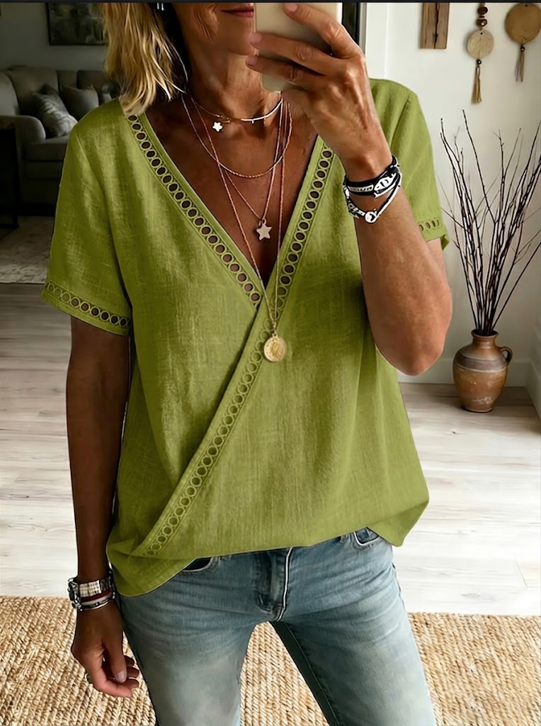 Casual Linen Top With Spliced cutout Webbing Detail