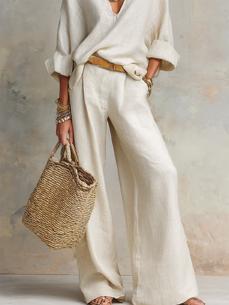 Cozy Minimalist V-neck Cotton-linen Two-piece Set