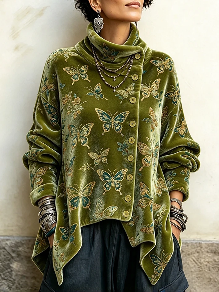 Forest Green Botanical Crushed Velvet Asymmetric Button Tunic with Funnel Neck