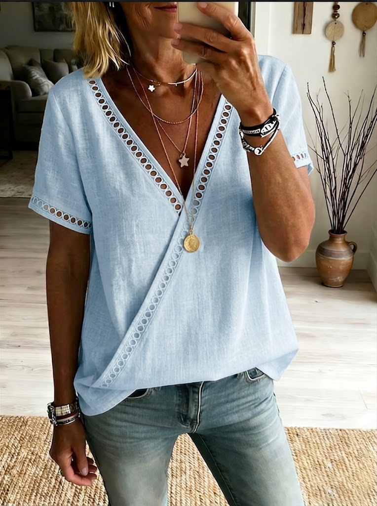 Casual Linen Top With Spliced cutout Webbing Detail