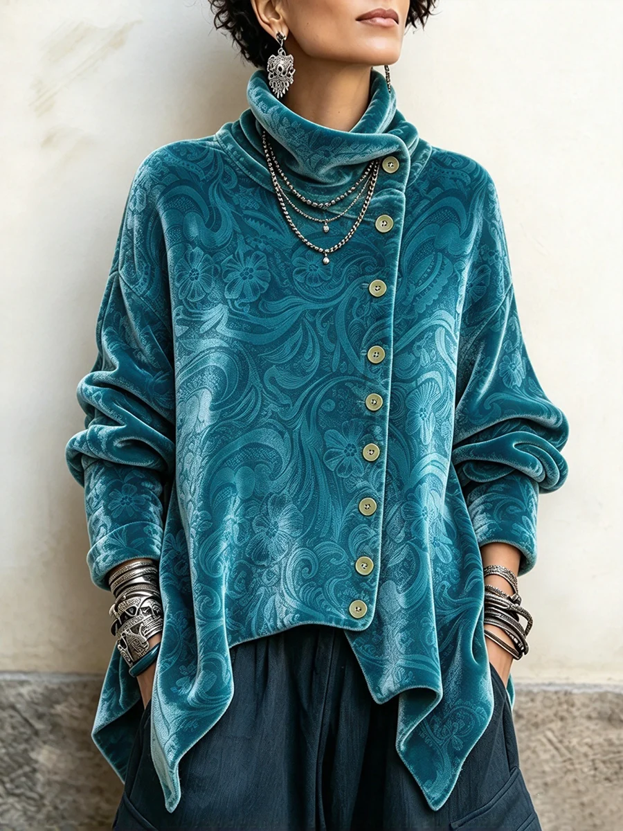 Forest Green Botanical Crushed Velvet Asymmetric Button Tunic with Funnel Neck