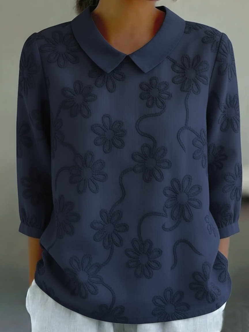 Romantic Floral Embroidered Peter Pan Collar Shirt Blouse