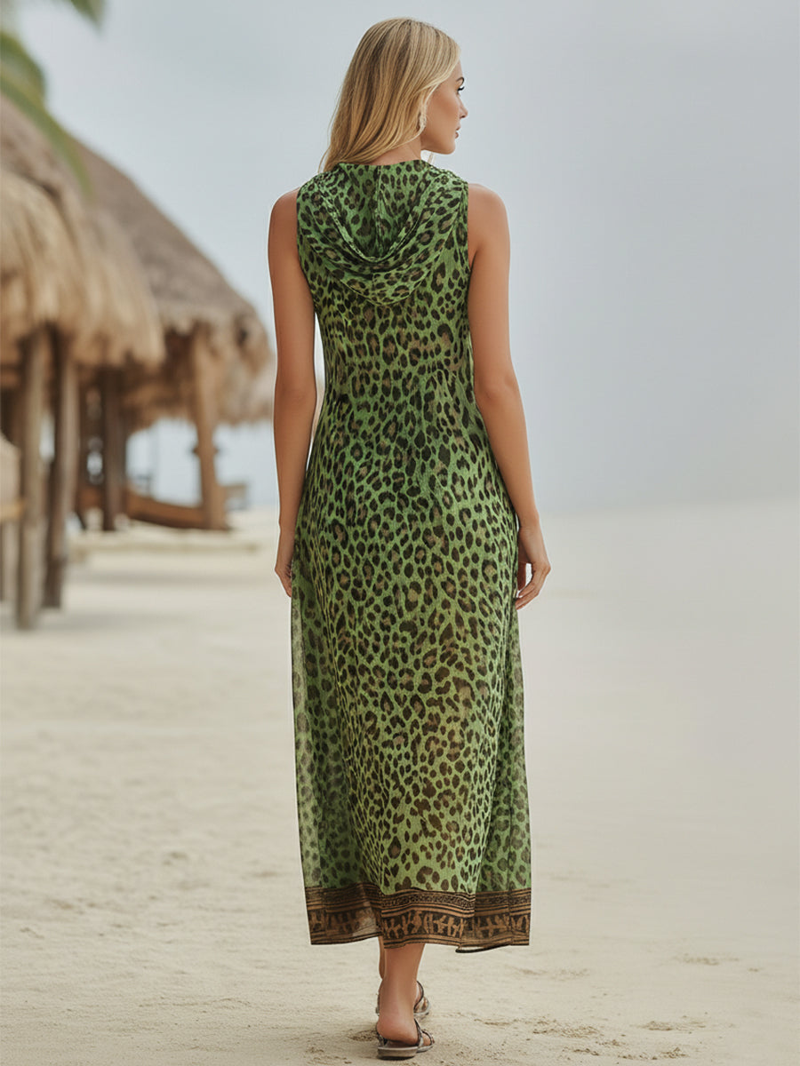 New Arrivals🔥 Women's Retro Casual Green Leopard Print Art Hooded Midi Dress