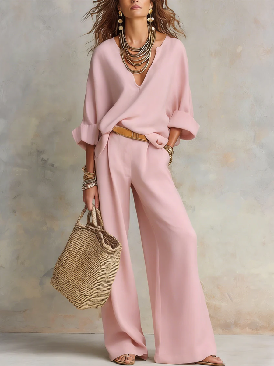 Cozy Minimalist V-neck Cotton-linen Two-piece Set