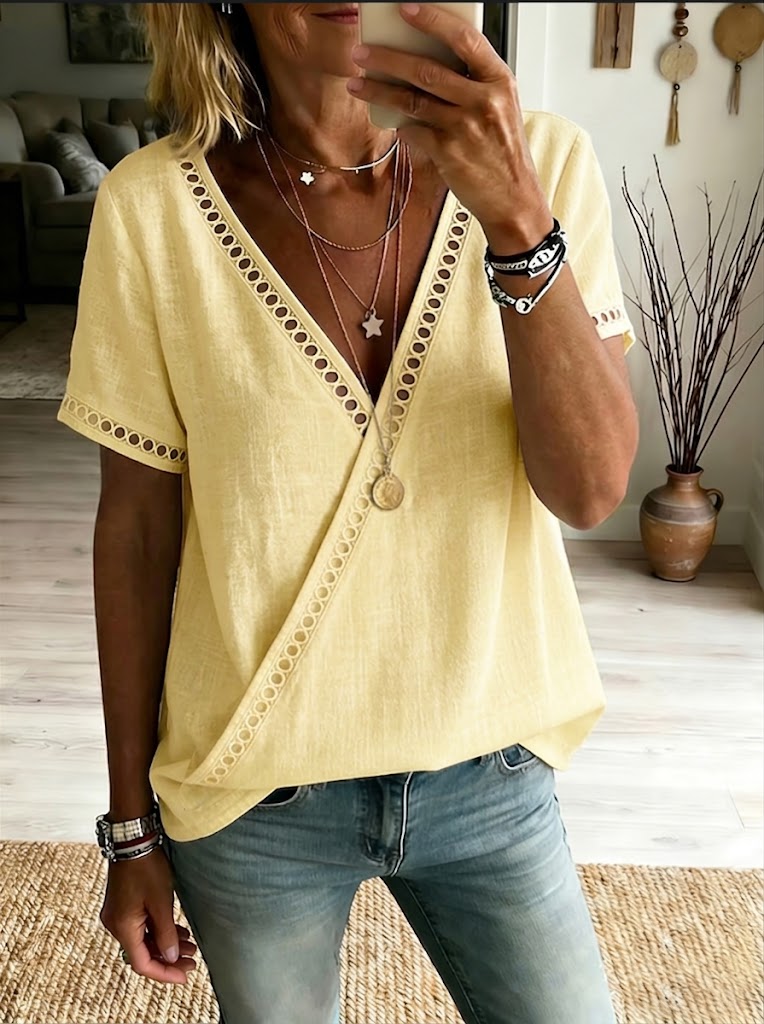 Casual Linen Top With Spliced cutout Webbing Detail