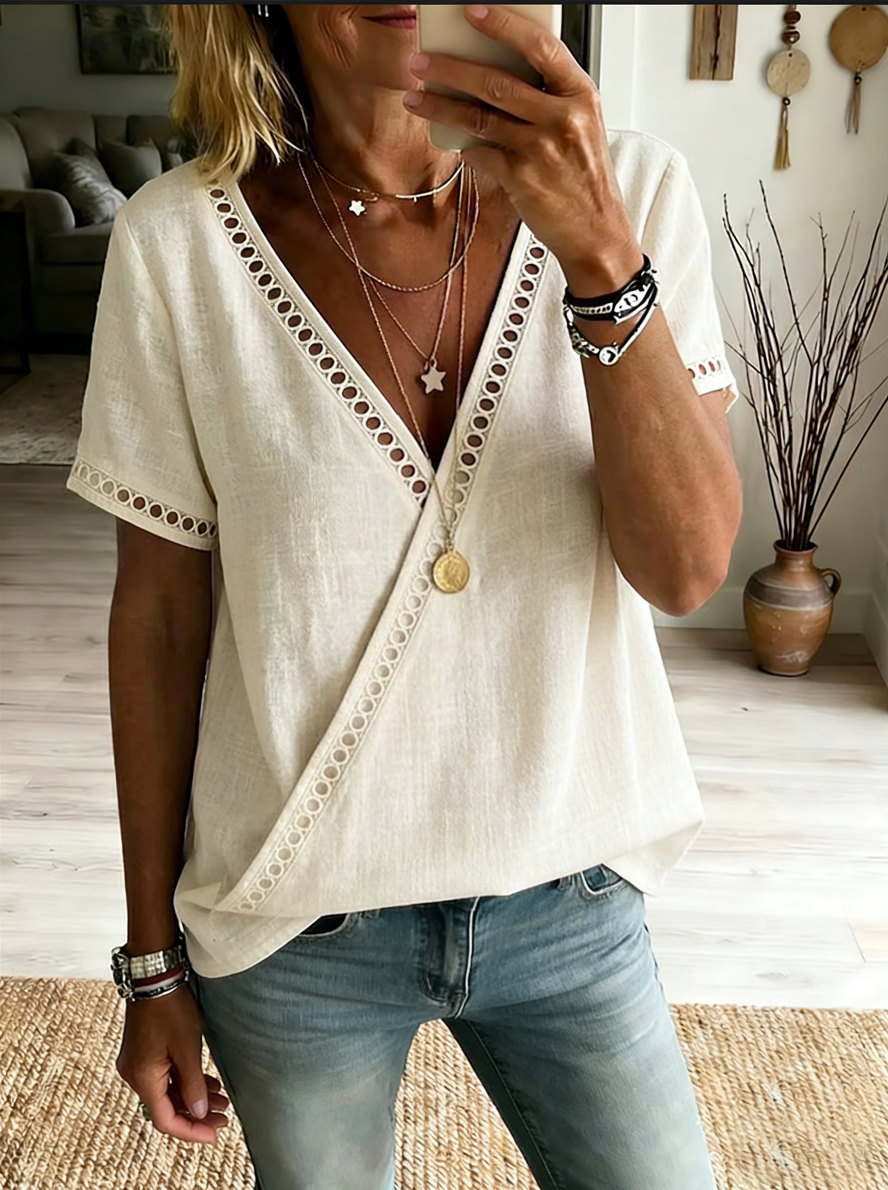 Casual Linen Top With Spliced cutout Webbing Detail