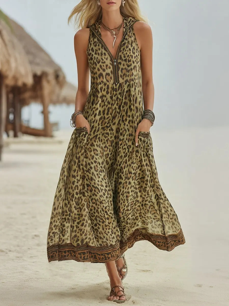New Arrivals🔥 Women's Retro Casual Green Leopard Print Art Hooded Midi Dress