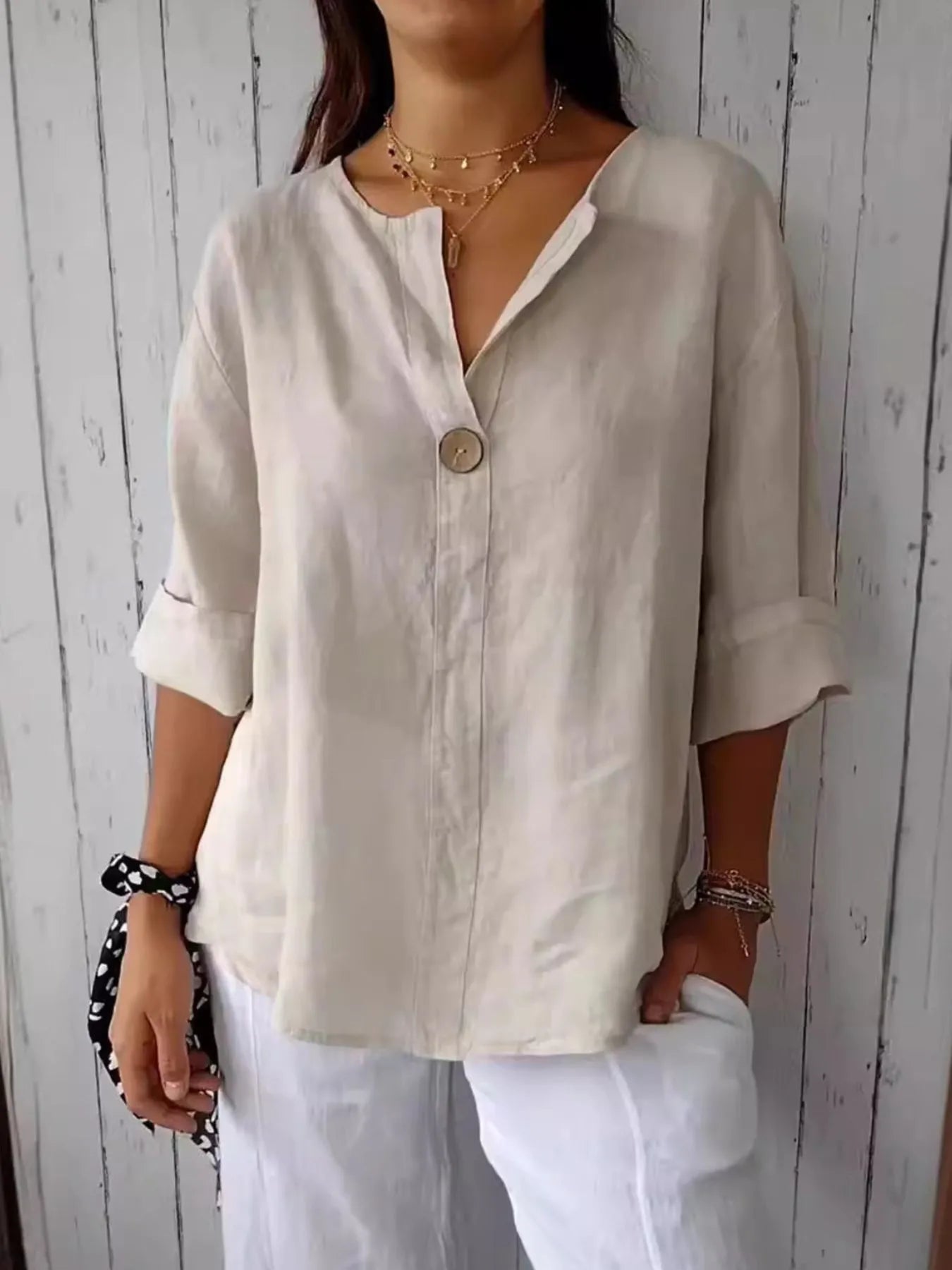 Full Size Linen Blend Notched Blouse Plus Size