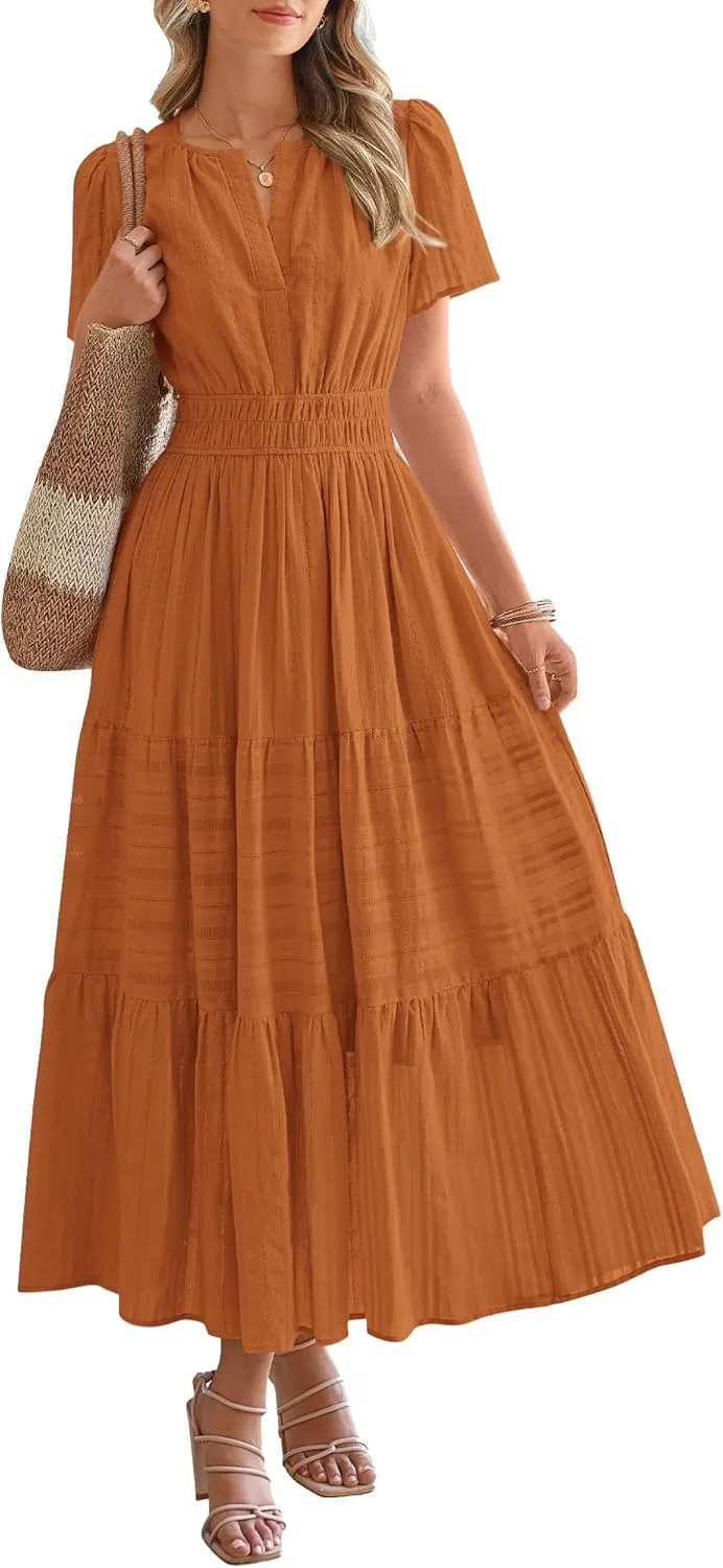 Women's V-Neck Pleated Long Dress – Elegant Solid Short Sleeve Maxi Dress