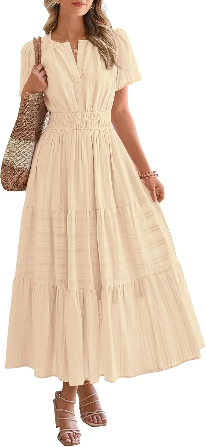 Women's V-Neck Pleated Long Dress – Elegant Solid Short Sleeve Maxi Dress