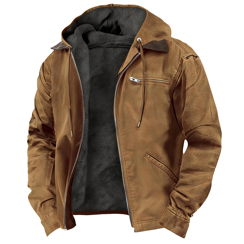 Men’s Fleece-Lined Hooded Jacket – Casual Zip-Up Outerwear with Drawstring Hood