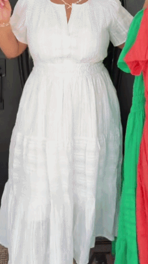 Women wearing elegant V-neck pleated long dress in summer