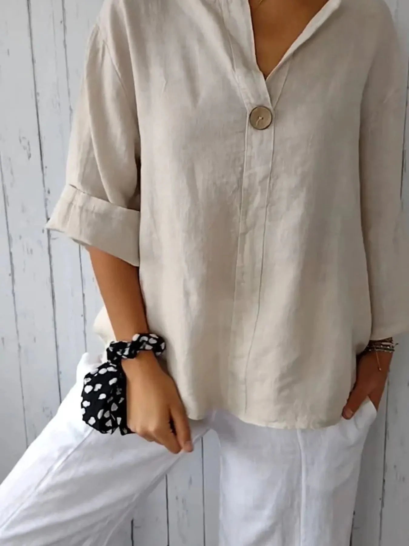 Full Size Linen Blend Notched Blouse Plus Size
