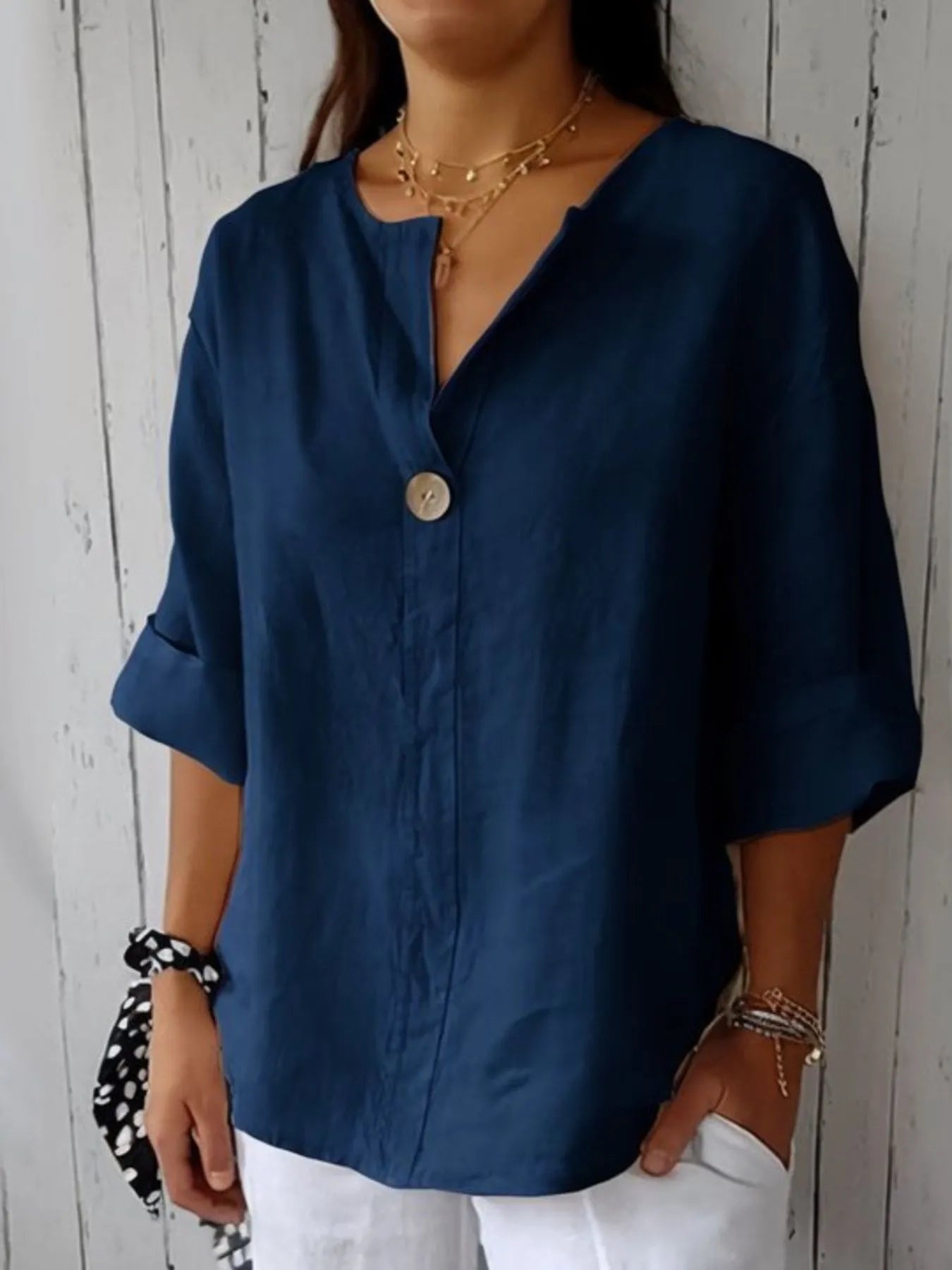 Full Size Linen Blend Notched Blouse Plus Size