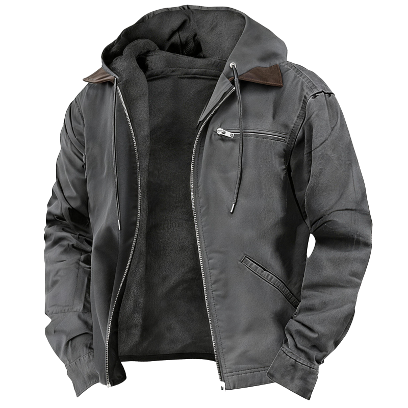 Men’s Fleece-Lined Hooded Jacket – Casual Zip-Up Outerwear with Drawstring Hood