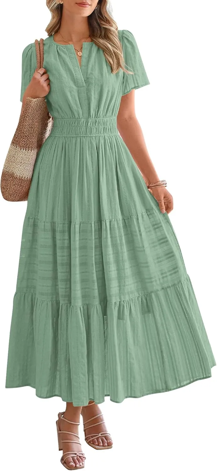 Women's V-Neck Pleated Long Dress – Elegant Solid Short Sleeve Maxi Dress