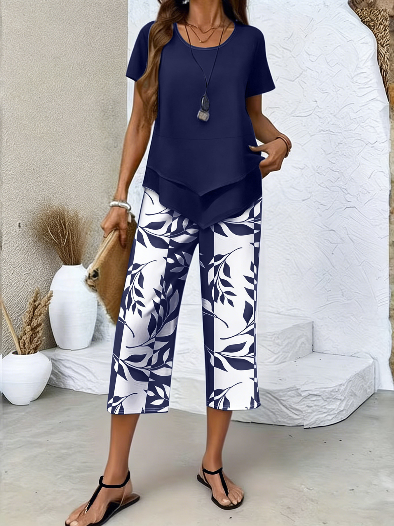 Women's Casual Round Neck Layered Tunic Top and Wide Leg Pants Set