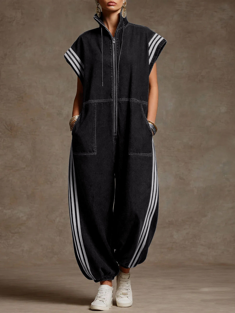 Ankle-Tied Loose Contrast Color Pockets Split-Joint Striped Zipper Stand Collar Jumpsuits