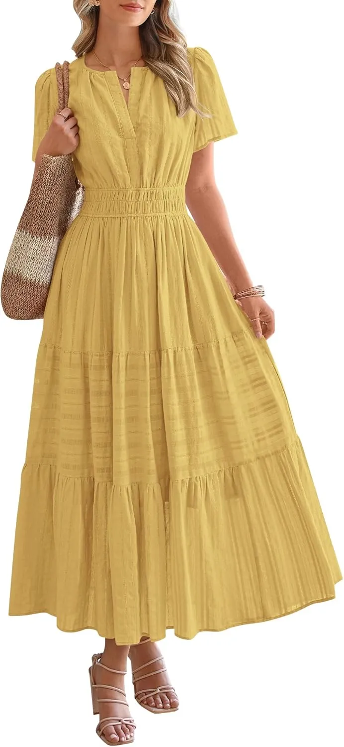 Women's V-Neck Pleated Long Dress – Elegant Solid Short Sleeve Maxi Dress