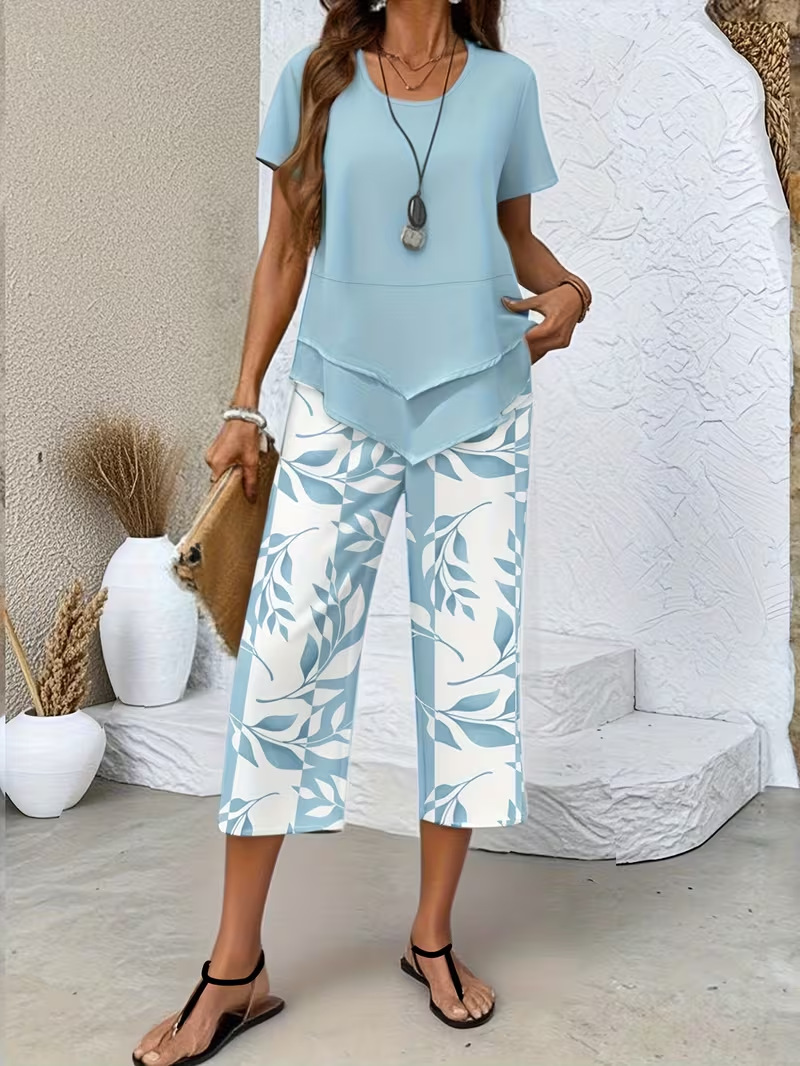 Women's Casual Round Neck Layered Tunic Top and Wide Leg Pants Set