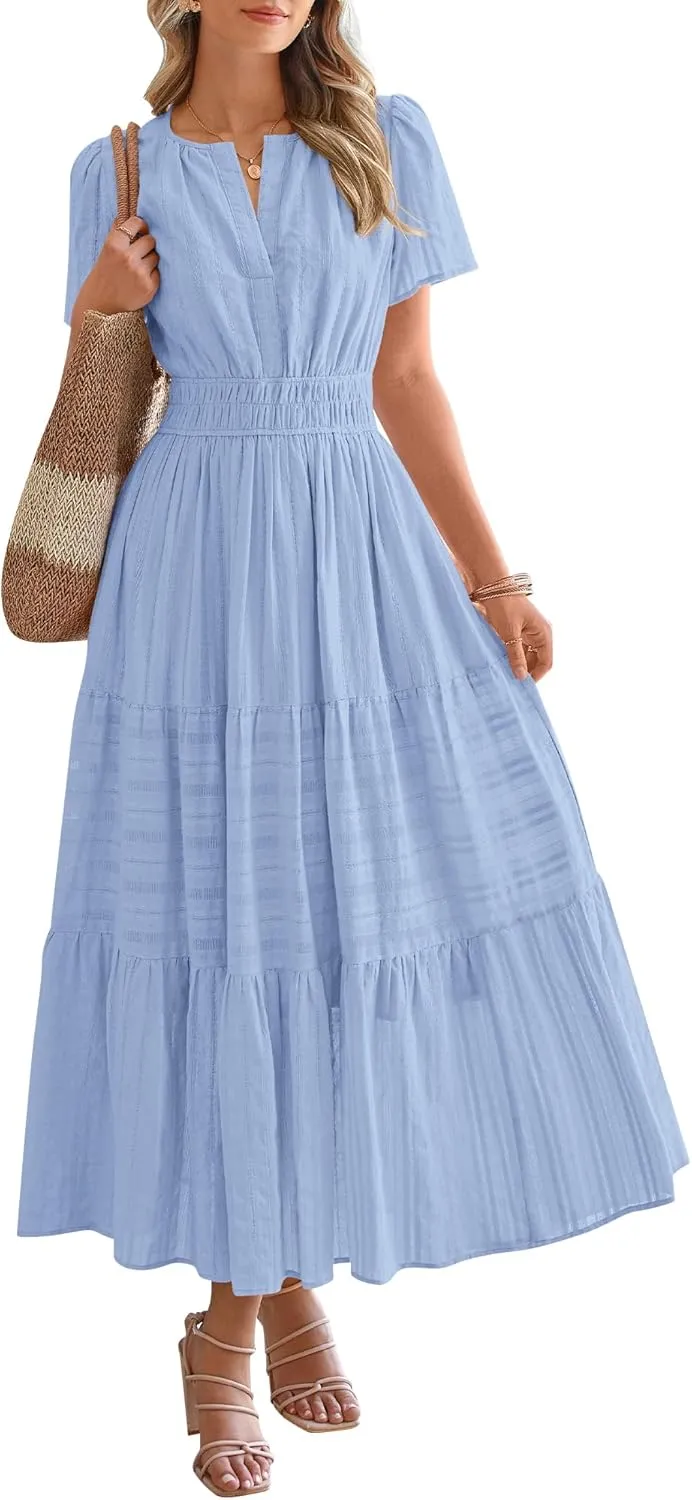 Women's V-Neck Pleated Long Dress – Elegant Solid Short Sleeve Maxi Dress