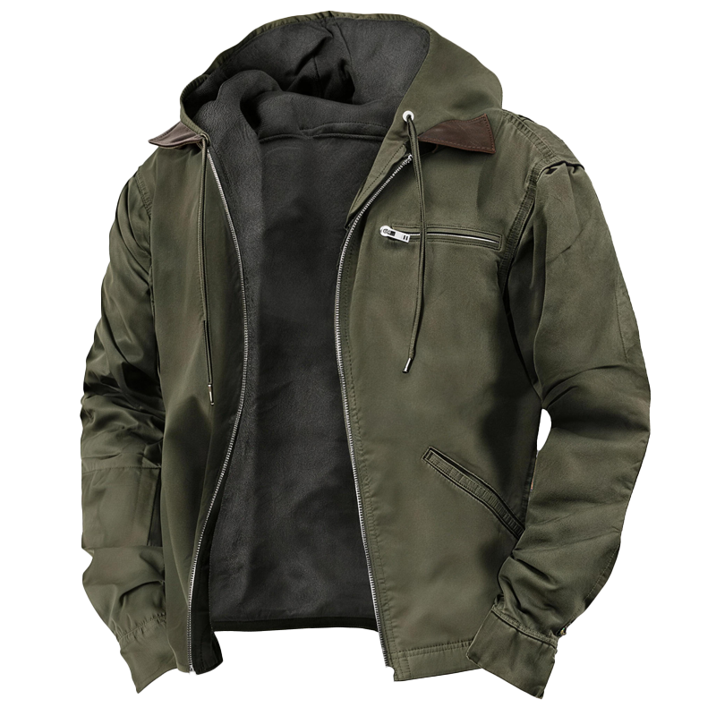 Men’s Fleece-Lined Hooded Jacket – Casual Zip-Up Outerwear with Drawstring Hood