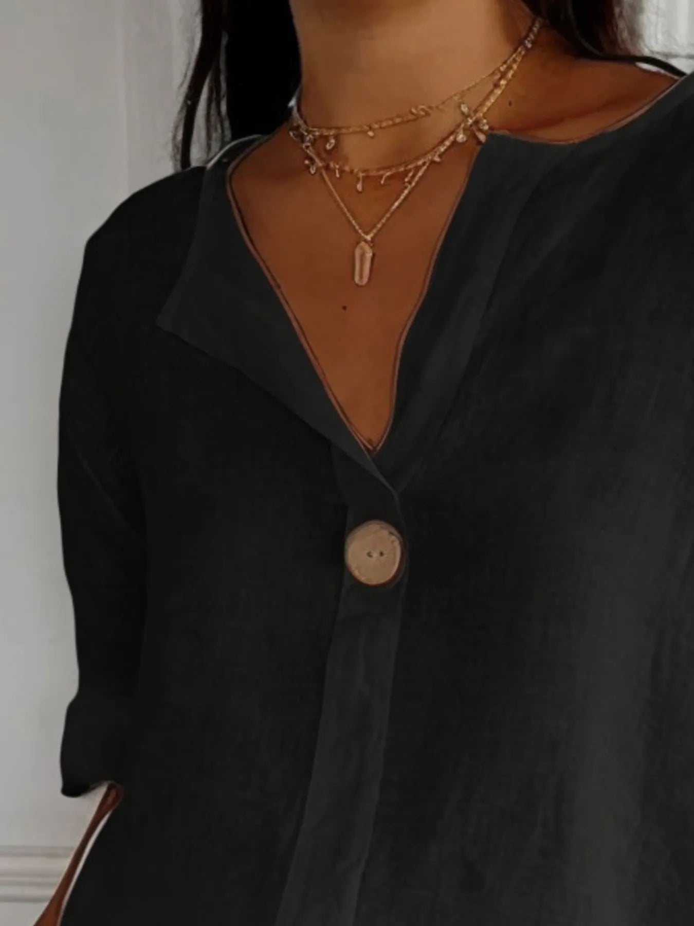 Full Size Linen Blend Notched Blouse Plus Size