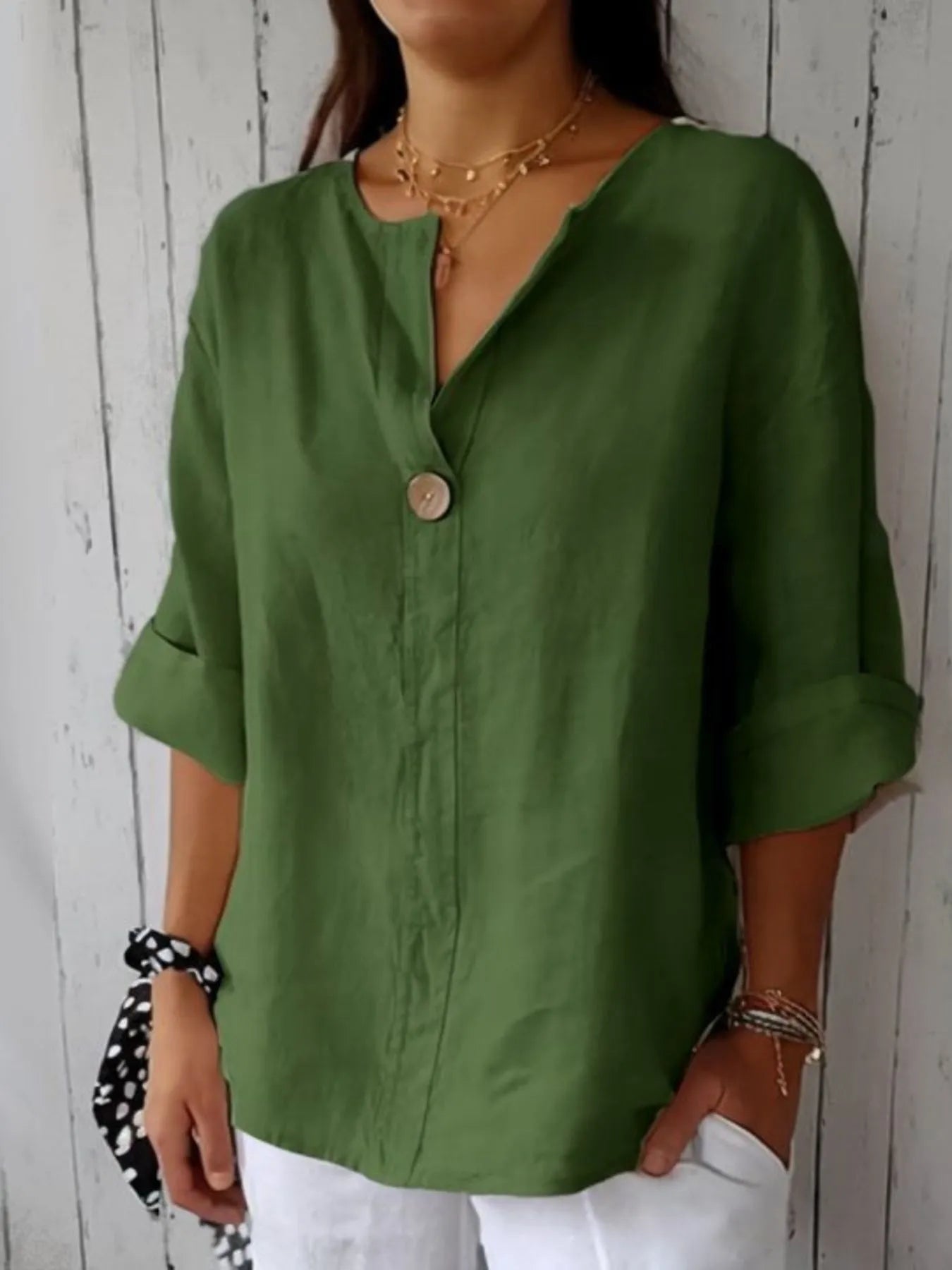 Full Size Linen Blend Notched Blouse Plus Size