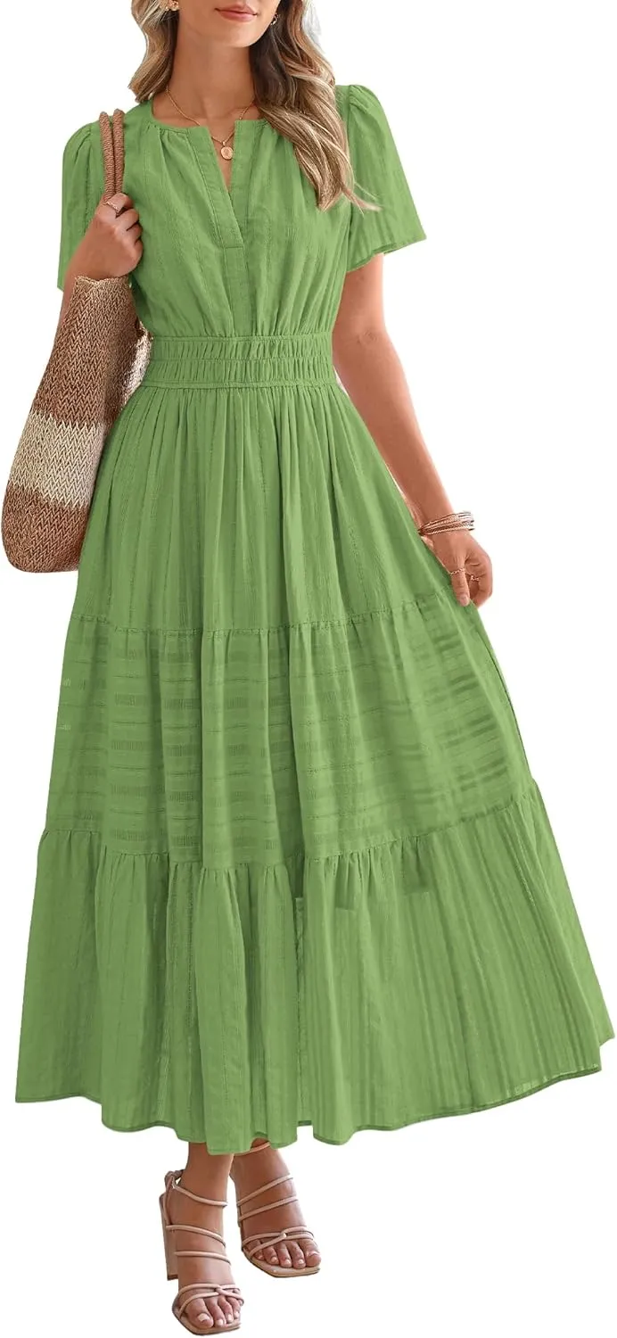 Women's V-Neck Pleated Long Dress – Elegant Solid Short Sleeve Maxi Dress