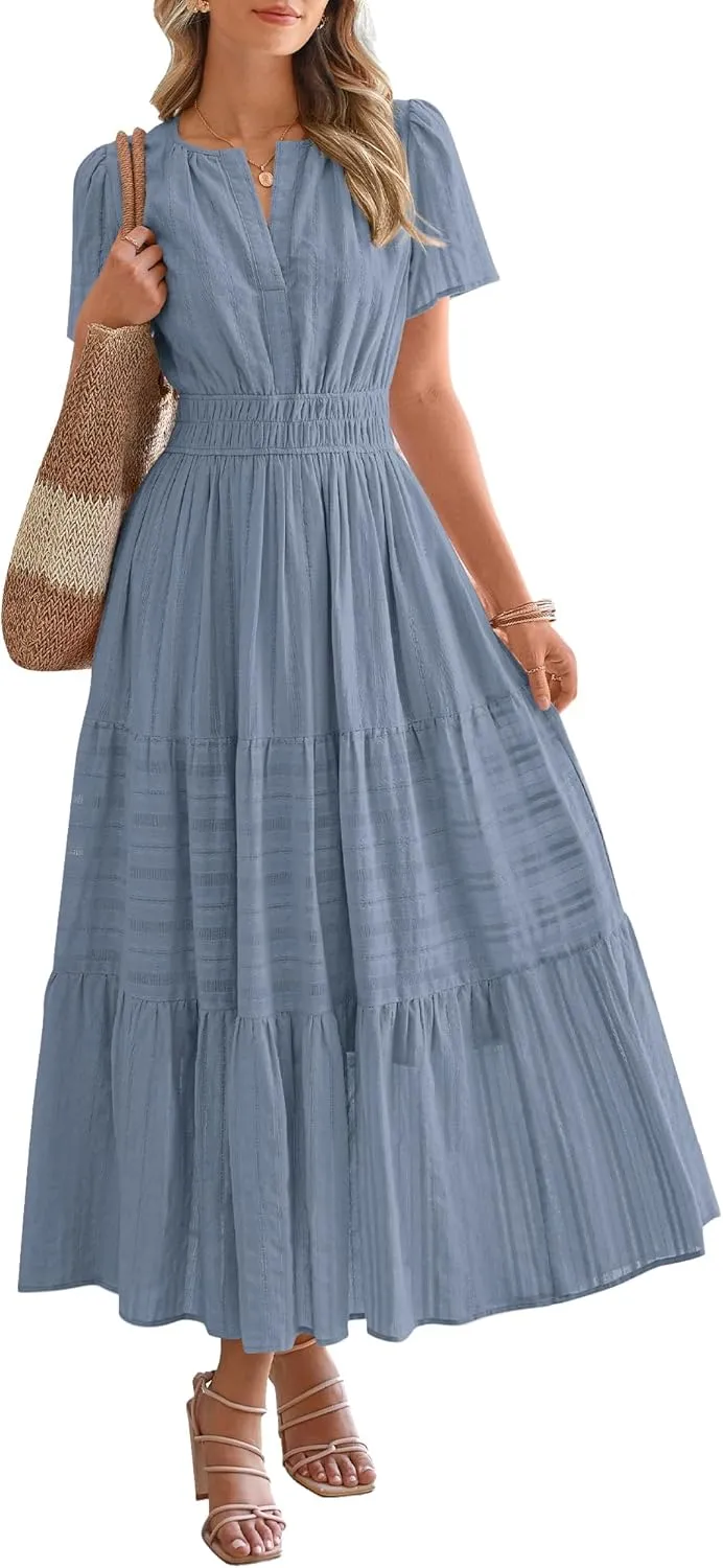 Women's V-Neck Pleated Long Dress – Elegant Solid Short Sleeve Maxi Dress